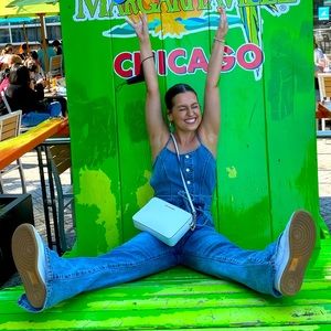 BLUE JEAN TIE BACK JUMPSUIT, PRETTYLITTLETHING, SIZE 4, WORN ONCE